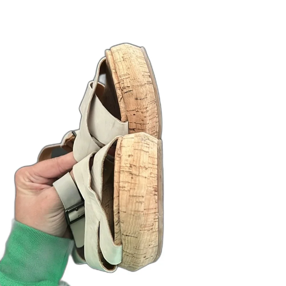 KORKS Sandals Size 8 Leather Platform Heels Ankle Strap Womens Beige Tan Summer